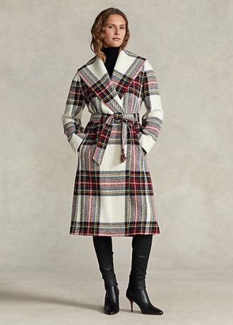 Casacos femininos multicoloridos Ralph Lauren xadrez de lã mista com padrão espinha de peixe