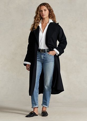 Casacos femininos pretos Ralph Lauren com lapela alta e mistura de lã