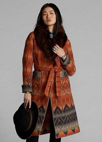 Casacos jacquard com gola de pele de carneiro Ralph Lauren feminino laranja