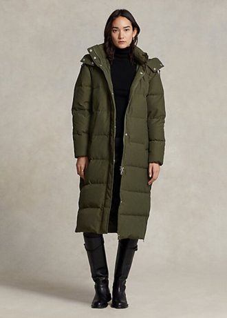 Casacos longos de plumas repelentes de água Ralph Lauren femininos Olive