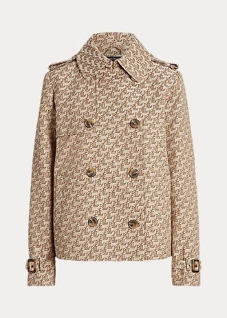 Casacos Ralph Lauren cáqui femininos com abotoamento duplo e monograma em jacquard