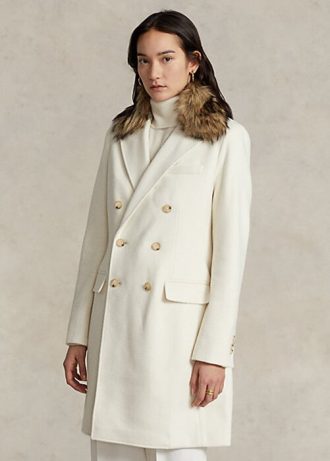 Casacos Ralph Lauren femininos, abotoados duplos, gola de pele sintética, creme
