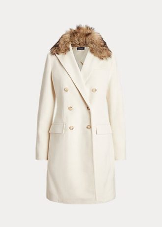 Casacos Ralph Lauren femininos, abotoados duplos, gola de pele sintética, creme