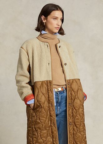 Casacos Ralph Lauren femininos marrons com forro híbrido e cinto repelente à água