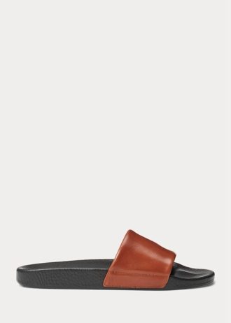 Chinelos de couro Pony Ralph Lauren Signature para homens marrons