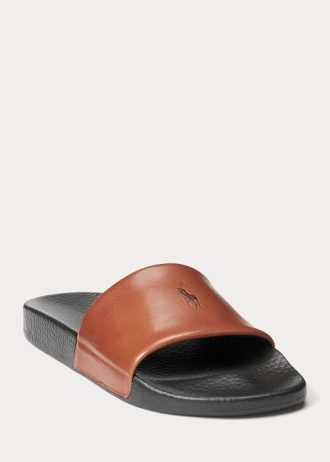 Chinelos de couro Pony Ralph Lauren Signature para homens marrons