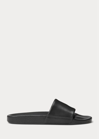 Chinelos de couro Pony Signature Ralph Lauren masculinos pretos