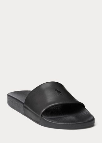 Chinelos de couro Pony Signature Ralph Lauren masculinos pretos