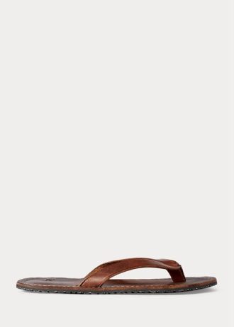 Chinelos de couro Ralph Lauren masculinos marrom escuro