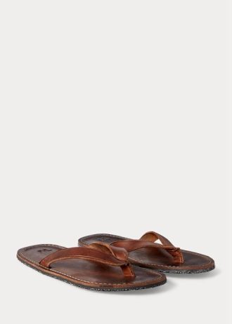 Chinelos de couro Ralph Lauren masculinos marrom escuro
