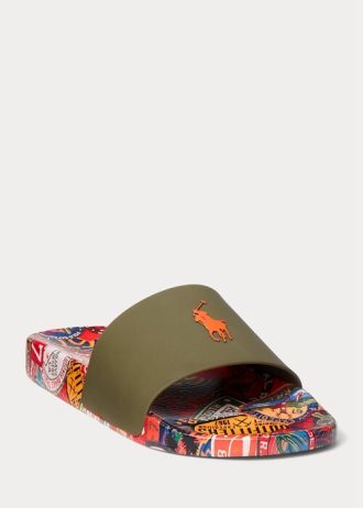 Chinelos Ralph Lauren com estampa de patch masculino verde-oliva