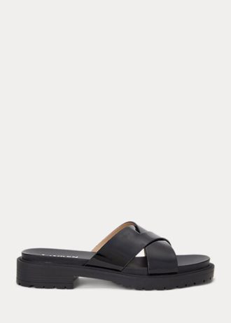 Chinelos Ralph Lauren Kelsie de couro envernizado femininos pretos