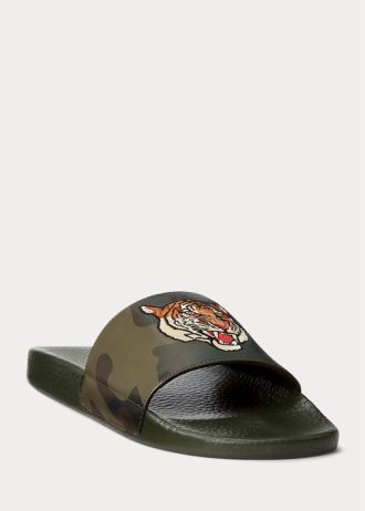 Chinelos Ralph Lauren Tiger Camo de couro masculino verde oliva