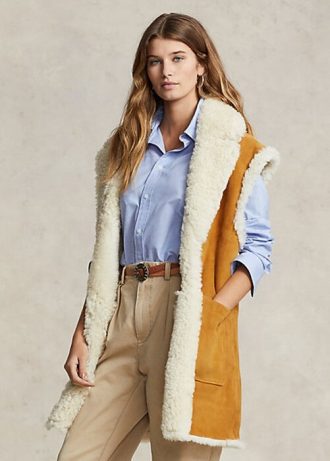 Colete reversível de pele de carneiro Ralph Lauren cáqui feminino