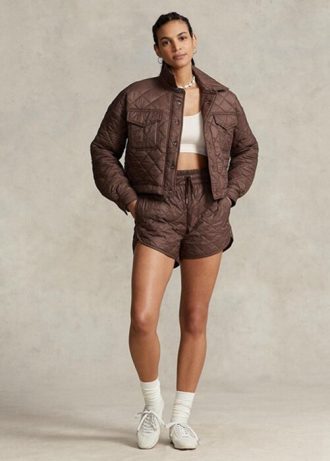 Jaquetas acolchoadas curtas repelentes de água Ralph Lauren marrom para mulheres