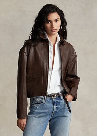 Jaquetas bomber de couro cropped Ralph Lauren marrom para mulheres