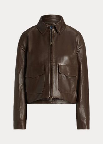 Jaquetas bomber de couro cropped Ralph Lauren marrom para mulheres