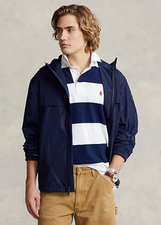 Jaquetas com capuz repelentes de água Ralph Lauren masculinas azul-marinho