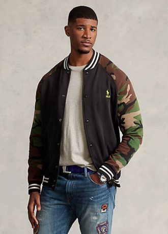 Jaquetas de beisebol Ralph Lauren masculinas multicoloridas com manga camuflada e fleece