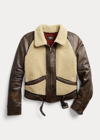 Jaquetas de couro com painéis de pele de carneiro Ralph Lauren femininas, pretas/creme