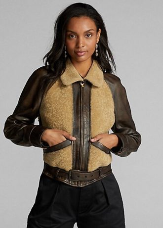 Jaquetas de couro com painéis de pele de carneiro Ralph Lauren femininas, pretas/creme