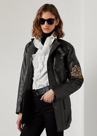 Jaquetas de couro de bezerro Ralph Lauren Cadena Moto pretas femininas