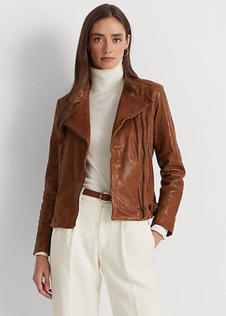 Jaquetas de couro Ralph Lauren Moto marrom escuro para mulheres