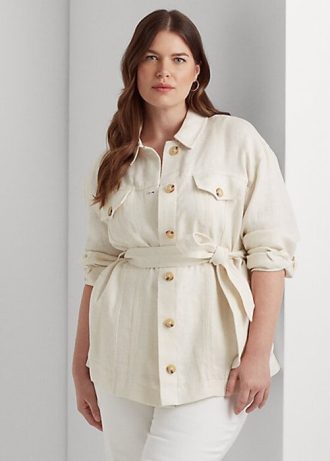 Jaquetas de linho Ralph Lauren com cinto e espinha de peixe femininas creme