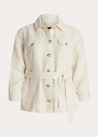 Jaquetas de linho Ralph Lauren com cinto e espinha de peixe femininas creme