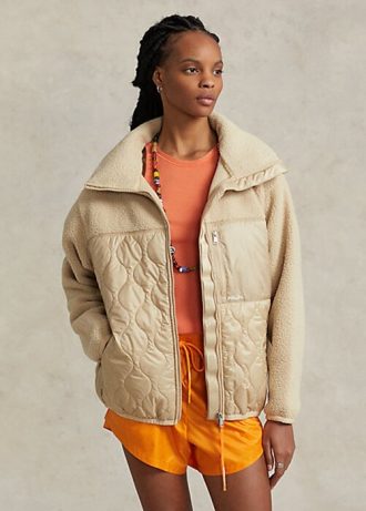 Jaquetas Ralph Lauren híbridas bege com pelo alto e painel ripstop para mulheres