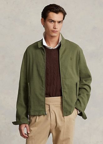Jaquetas Ralph Lauren Masculinas em Sarja com Espinha de Peixe e Mistura de Linho Verde Oliva