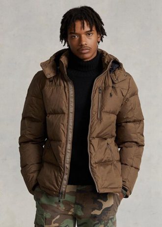 Jaquetas Ralph Lauren masculinas marrons com plumas repelentes à água