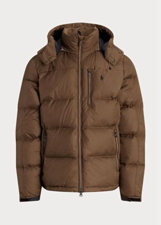 Jaquetas Ralph Lauren masculinas marrons com plumas repelentes à água