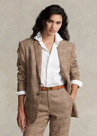 Jaquetas Ralph Lauren xadrez de lã e linho tweed marrom para mulheres