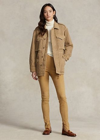 Leggings de camurça de pele de cordeiro Ralph Lauren cáqui para mulheres