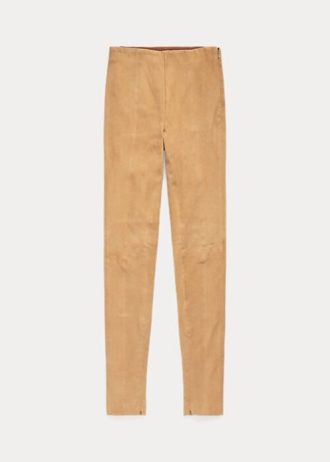 Leggings de camurça de pele de cordeiro Ralph Lauren cáqui para mulheres