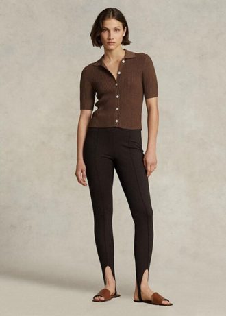 Leggings Ralph Lauren Stretch Stretch com zíper lateral marrom para mulheres