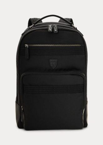 Mochilas de viagem Ralph Lauren pretas com acabamento em couro para homens