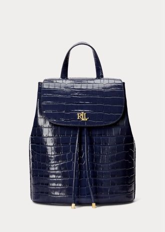 Mochilas Ralph Lauren Winny médias em couro com relevo azul marinho para mulheres