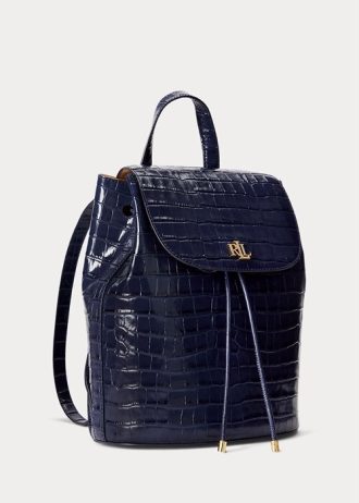 Mochilas Ralph Lauren Winny médias em couro com relevo azul marinho para mulheres