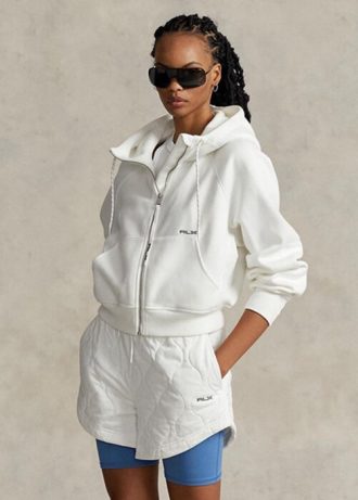 Moletom com capuz Ralph Lauren Fleece feminino branco com zíper e manga dolman
