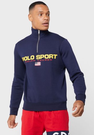 Moletom com capuz Ralph Lauren masculino azul marinho com logotipo e meio zíper