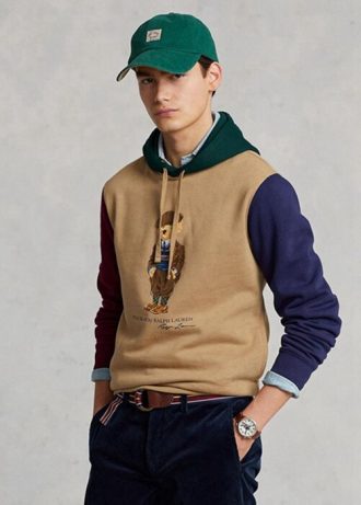 Moletom com capuz Ralph Lauren Polo Bear masculino cáqui com blocos de cores