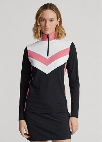 Moletom Feminino Ralph Lauren Preto com Listras Chevron e Zíper de Um Quarto