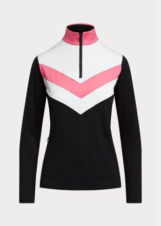 Moletom Feminino Ralph Lauren Preto com Listras Chevron e Zíper de Um Quarto