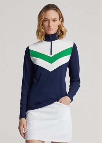 Moletom Ralph Lauren feminino azul com listras Chevron e zíper de um quarto
