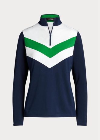 Moletom Ralph Lauren feminino azul com listras Chevron e zíper de um quarto