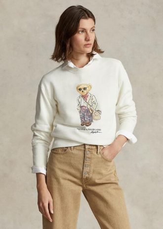 Moletons de gola redonda Ralph Lauren Polo Bear Fleece femininos creme