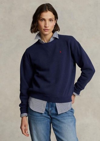 Moletons de lã Ralph Lauren com gola redonda azul marinho feminino