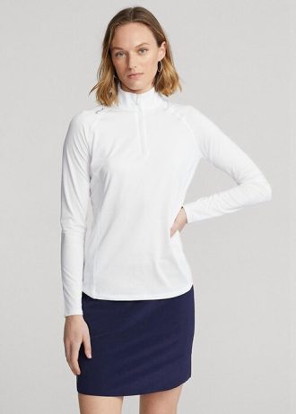 Moletons femininos brancos Ralph Lauren Jersey com zíper de um quarto